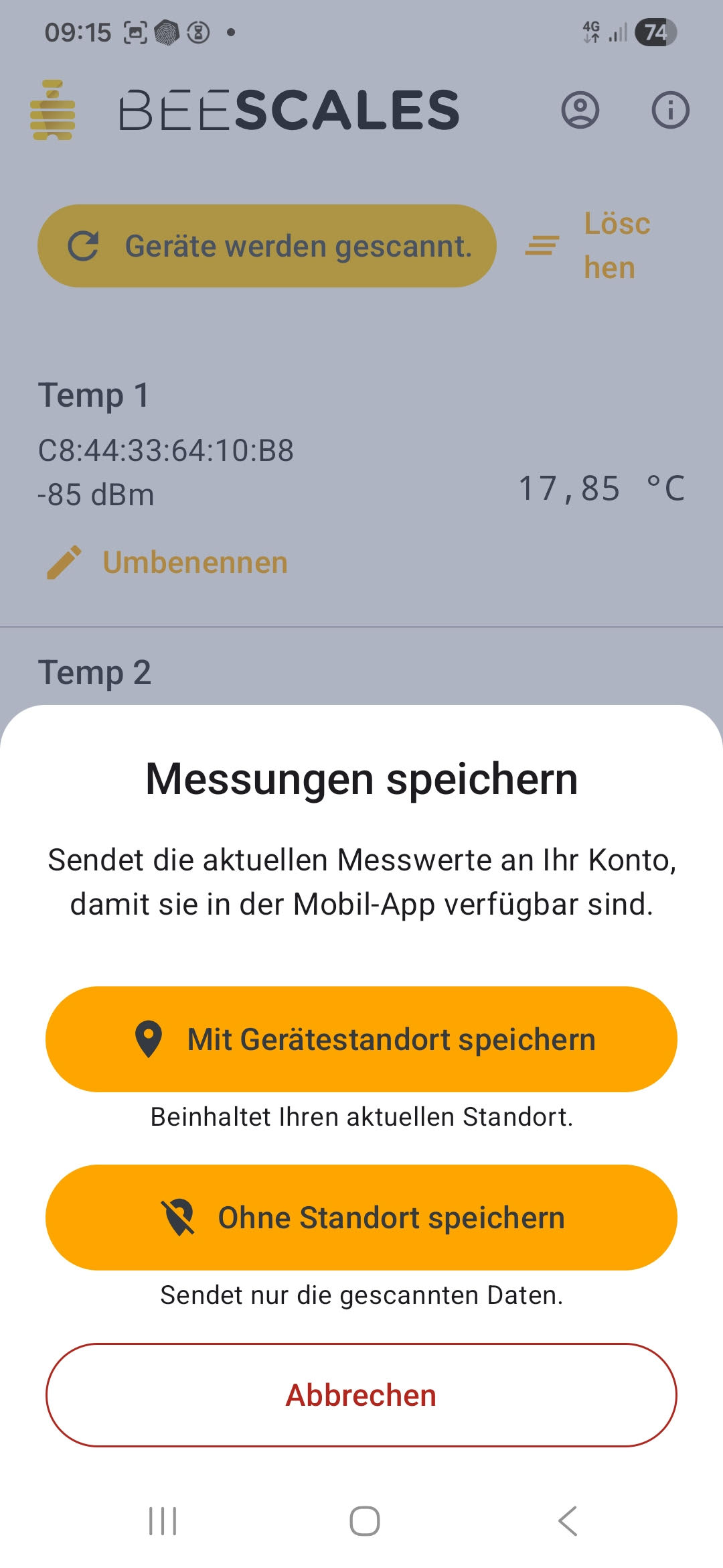 BeeScales Diagnostics – Dialog Messwerte speichern